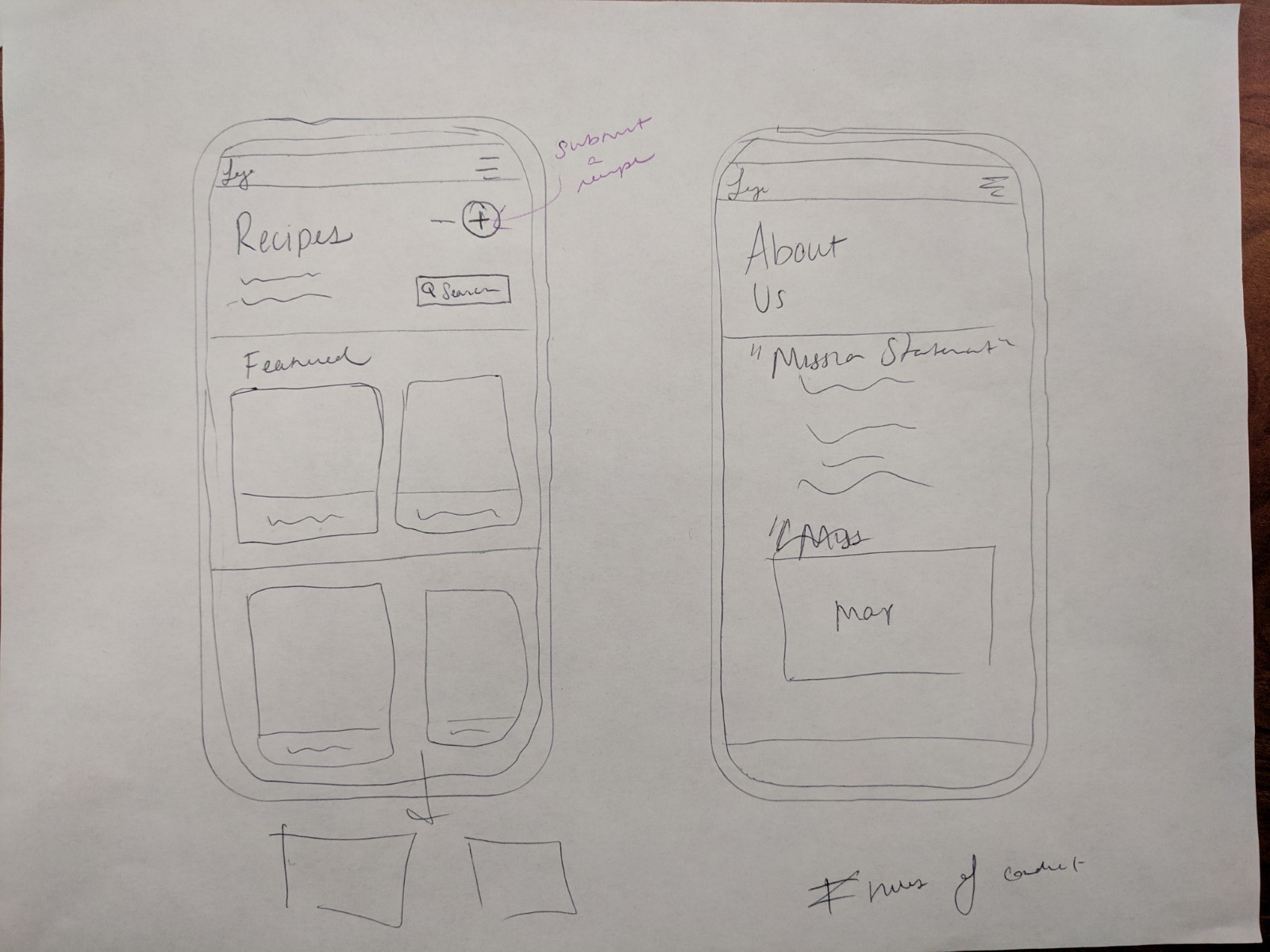 sketches of recipe and about page for mobile screen size